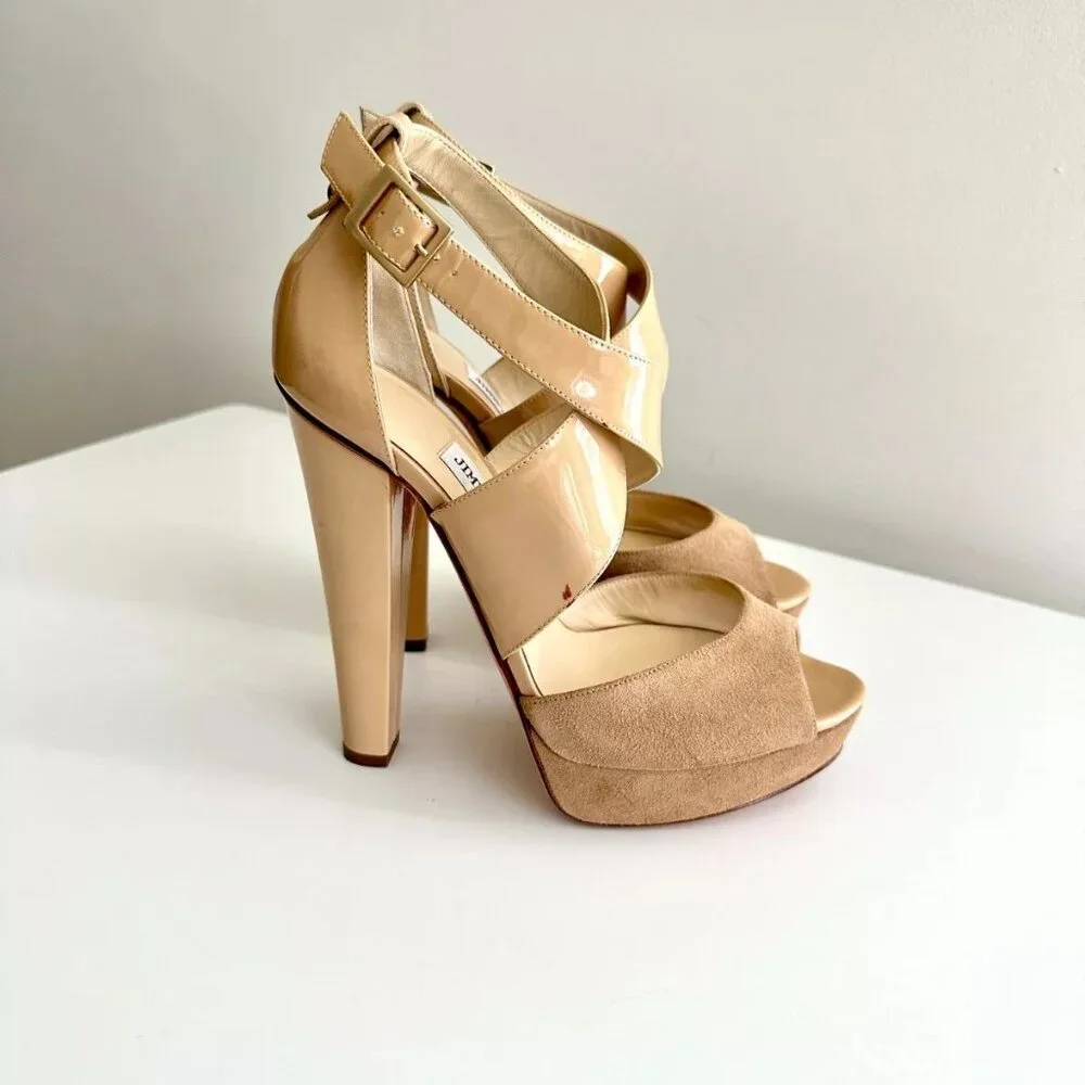 JIMMY CHOO Patent Leather Suede Platform Ankle Strap Sandals in Nude Size US 9